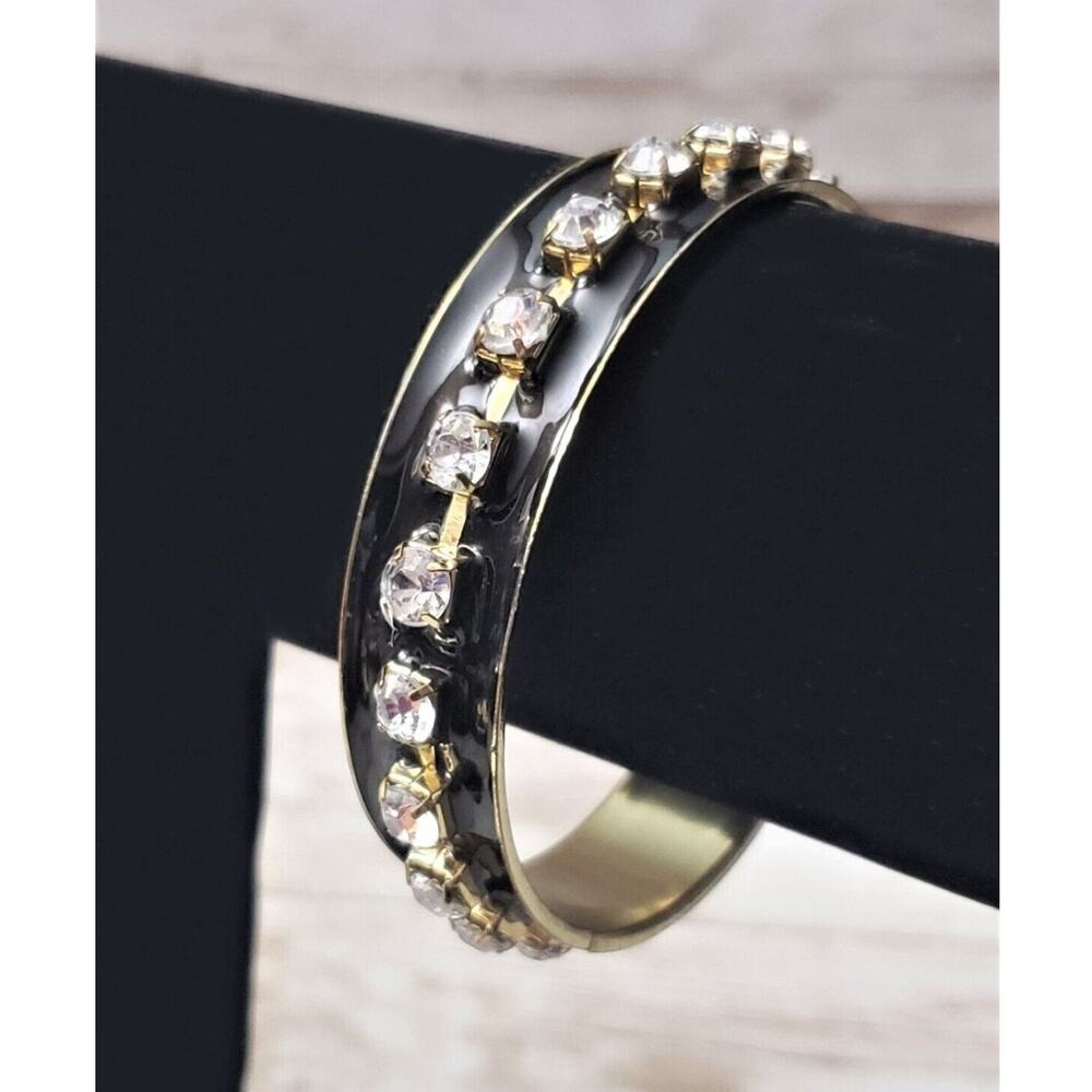 Vintage Bracelet / Bangle Black with Gold Tone & Clear Gem Center Detail